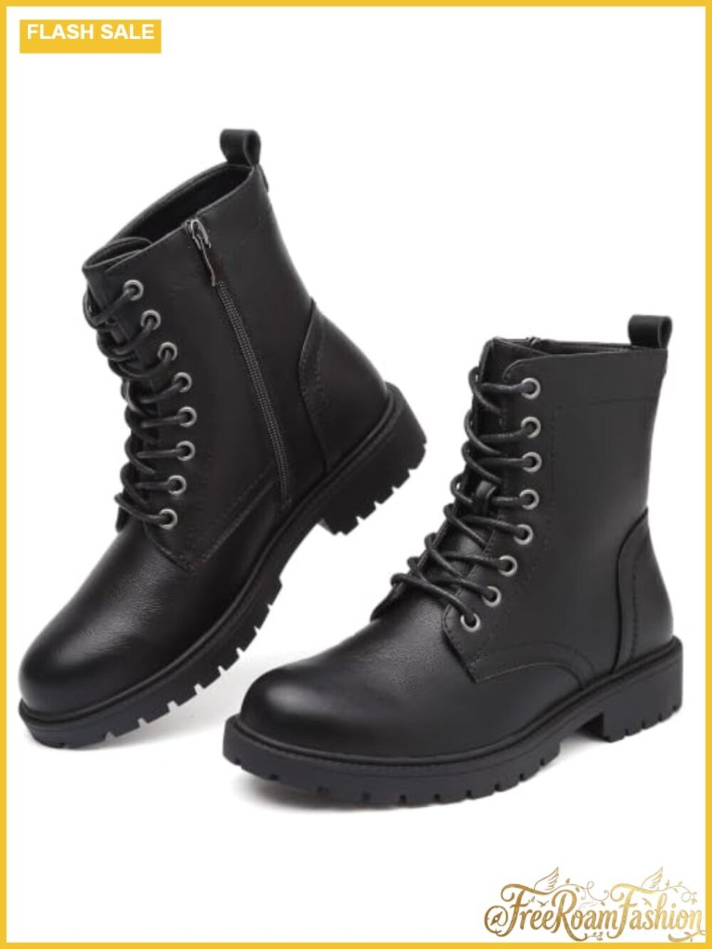 PU Leather Combat Boots Lace Up Ankle Booties Side Zipper Low Heel